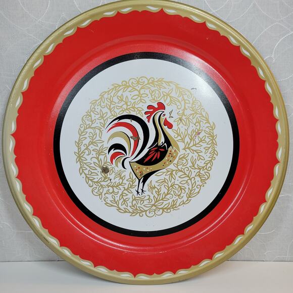VINTAGE Stoyke Tray Platter 19" Round Red White Chicken Metal Mid Century 60s - Picture 8 of 16